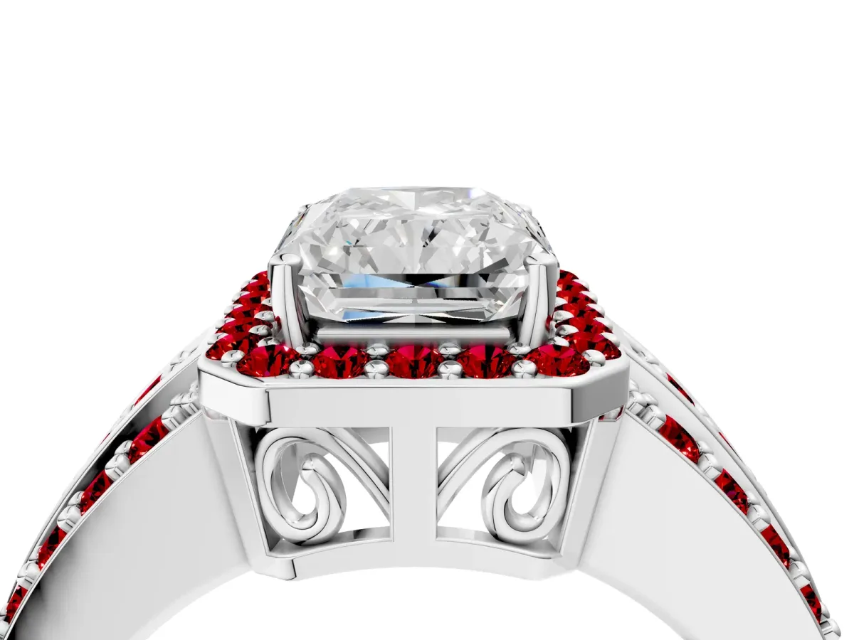 Radiant Cut Halo Diamond Ring with Round Ruby Split Shank and Prong Setting White gold