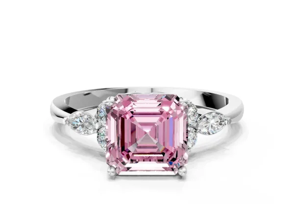 Fancy Pink Asscher Cut Brilliant Diamond Solitaire Ring with Pear Side Stones and Four-Prong Setting Platinum