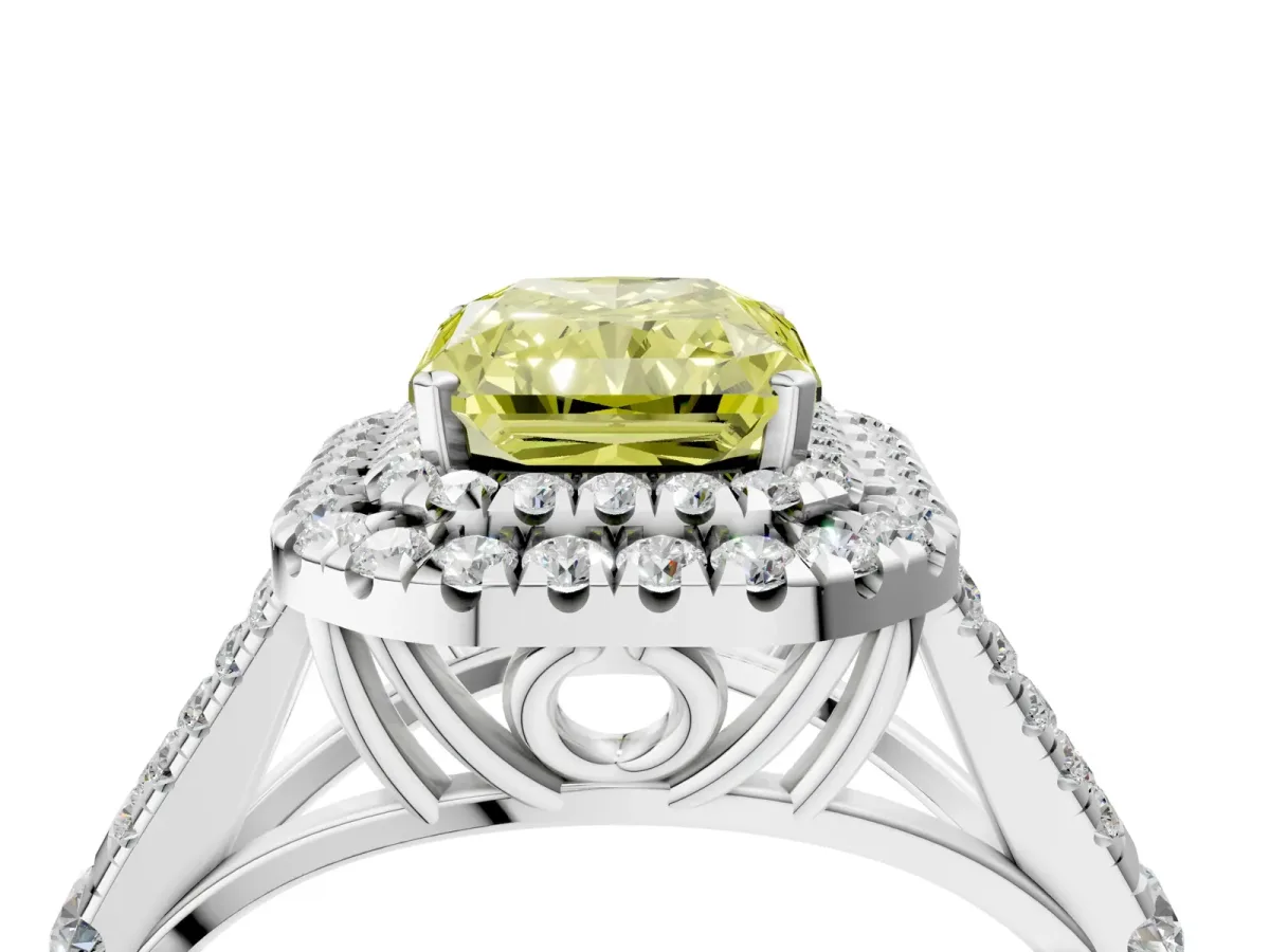 Fancy Yellow Radiant Cut Cut Double Halo Split Shank Diamond Ring with Prong Setting Platinum