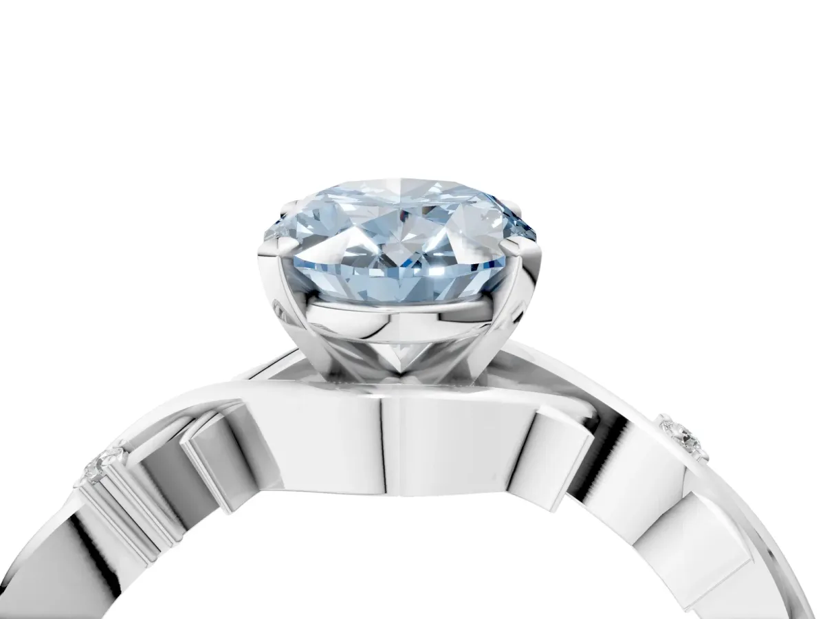 Fancy Blue Oval Cut Diamond Solitaire Ring with Twisted Band and Prong Setting Silver