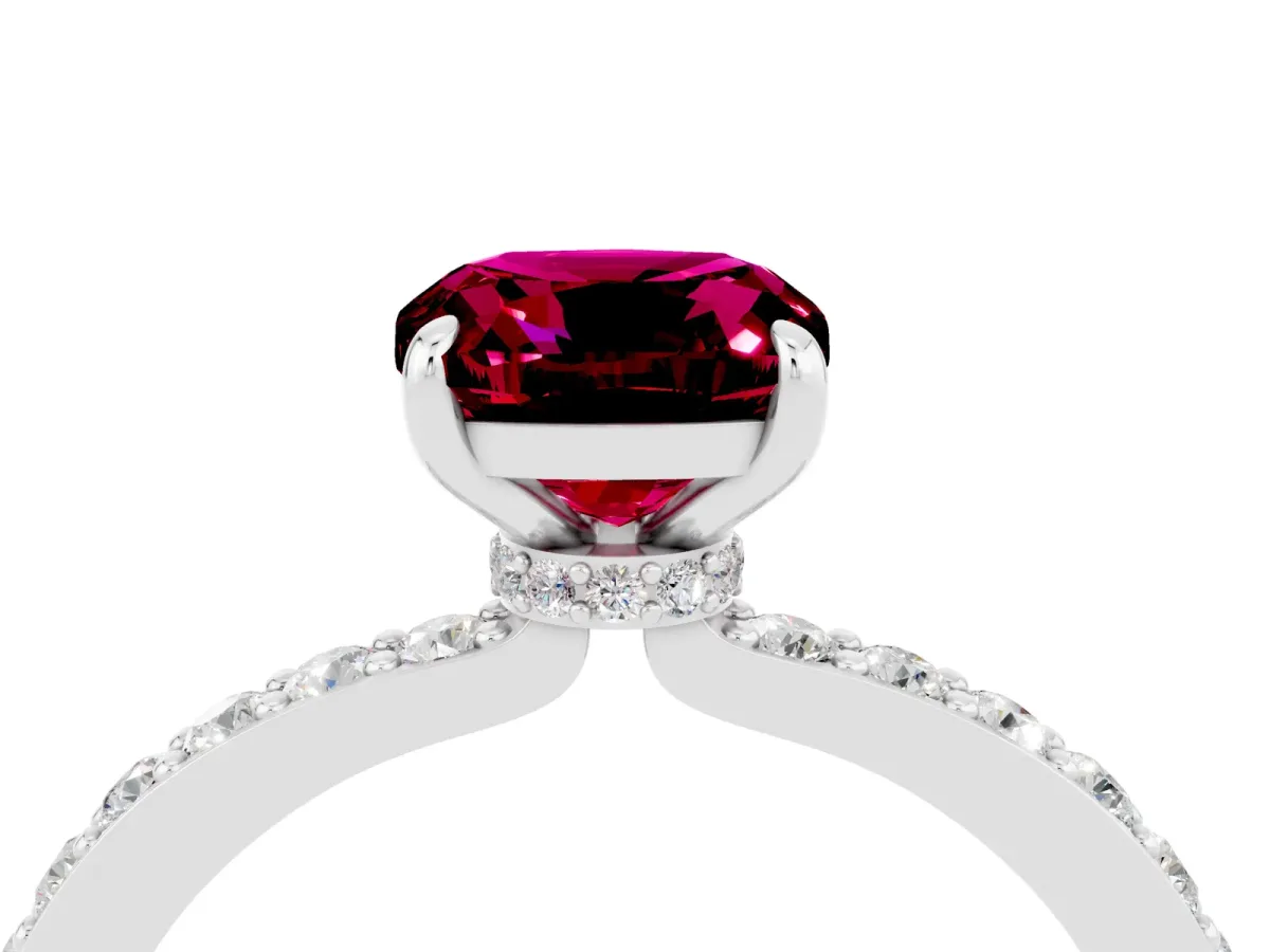 Cushion Cut Garnet Solitaire Engagement Ring with Pavé Band and Four-Prong Setting White gold