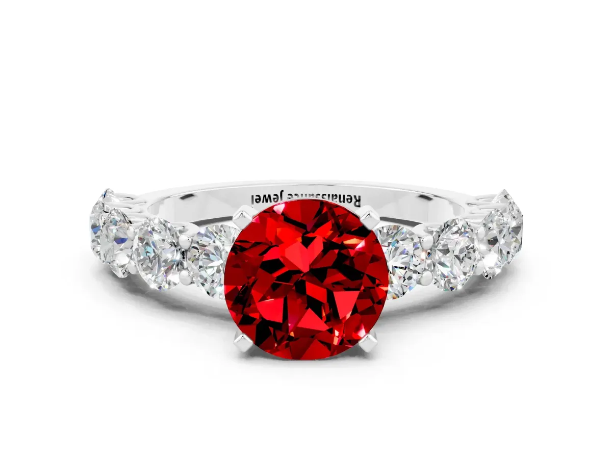 Round Cut Ruby Prong Setting with Side Stones on a Pave Band Silver