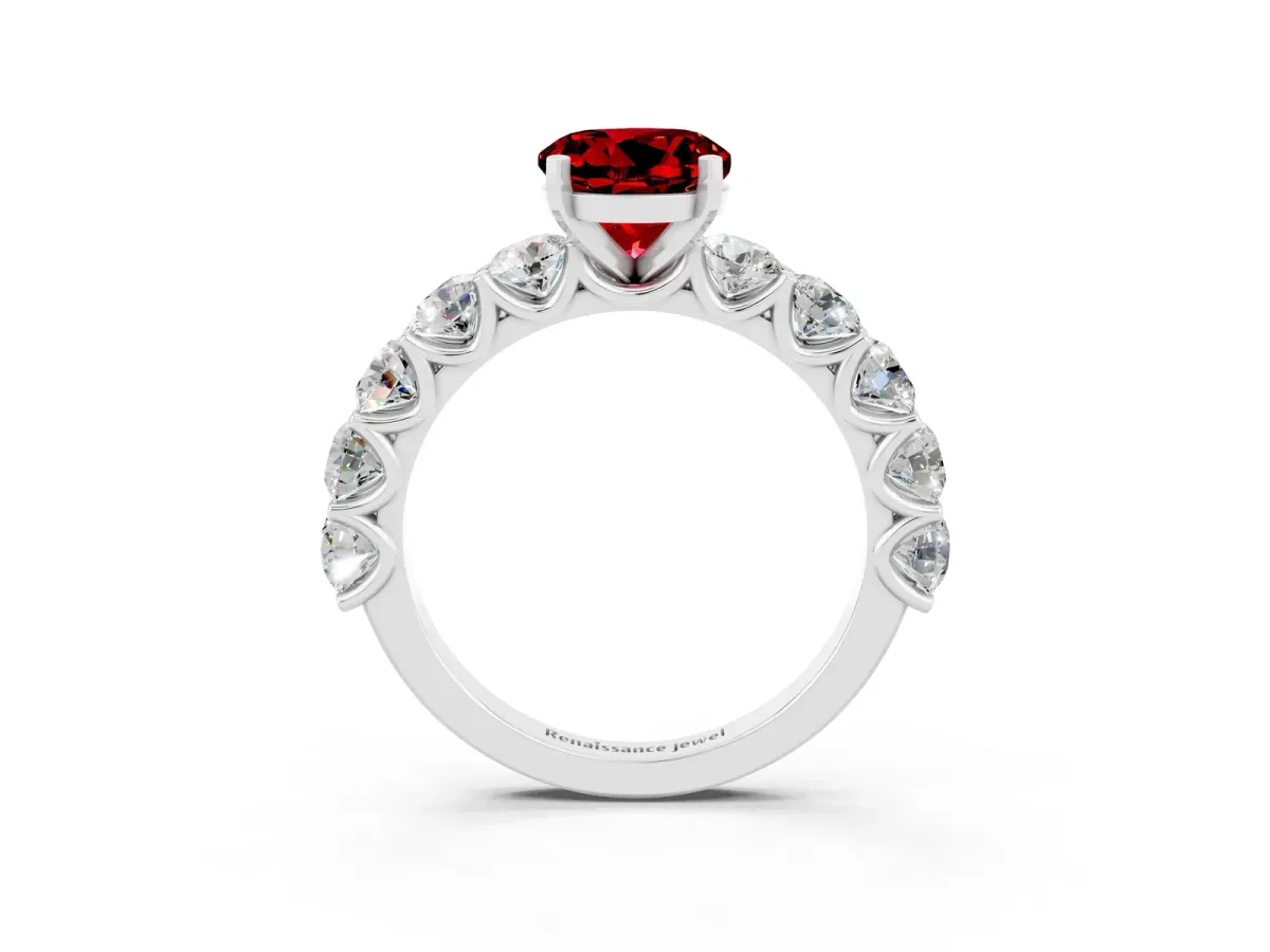 Round Cut Ruby Prong Setting with Side Stones on a Pave Band Silver