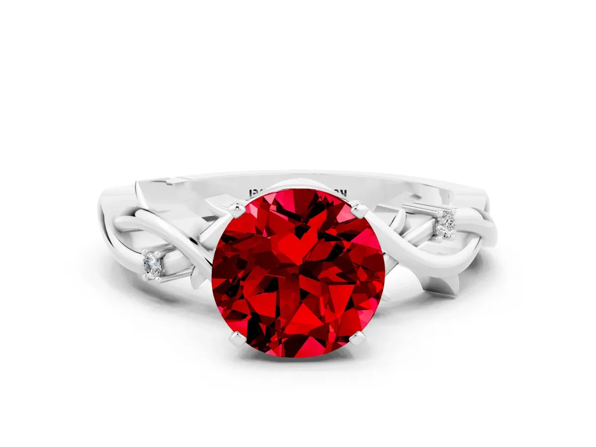 Round Cut Ruby Solitaire Ring with Twisted Band and Prong Setting Platinum