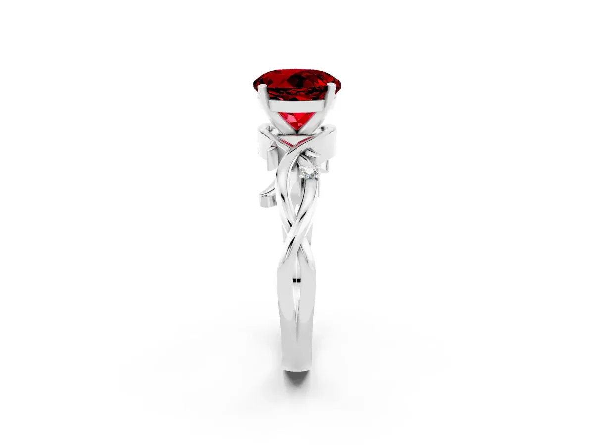 Round Cut Ruby Solitaire Ring with Twisted Band and Prong Setting Platinum