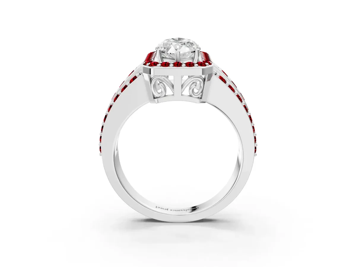 Marquise Cut Halo Diamond Ring with Round Ruby Split Shank and Prong Setting Platinum