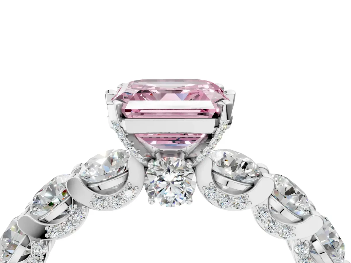 Fancy Pink Asscher Cut Diamond Side Stone Engagement Ring with Four-Prong Setting White gold