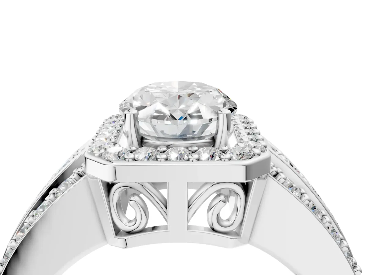 Oval Cut Halo Diamond Ring with Round Split Shank and Prong Setting Silver