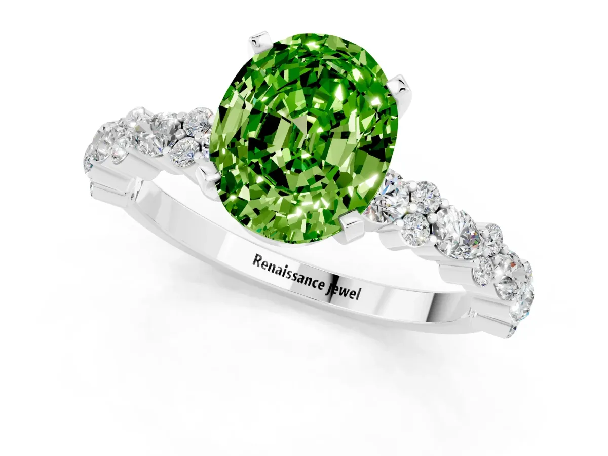 Oval Cut Peridot Side Stone Solitaire Ring with Round and Four-Prong Setting Platinum