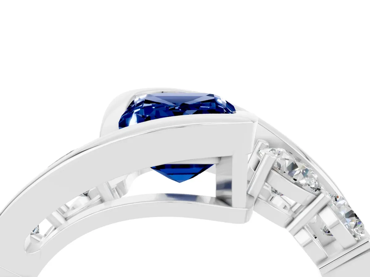 Bezel Set Emerald Cut Blue Sapphire Bypass Ring with Round Accents Silver