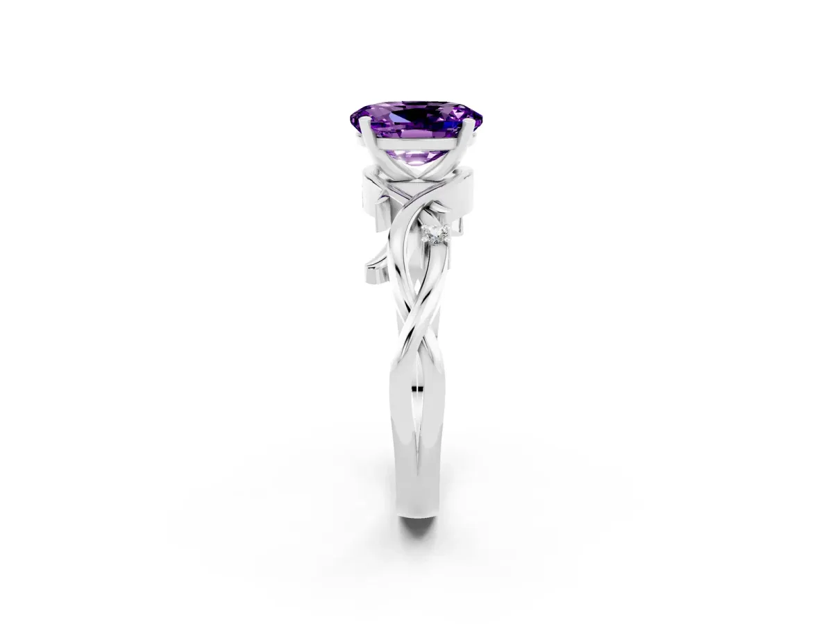 Oval Cut Amethyst Solitaire Ring with Twisted Band and Prong Setting Platinum