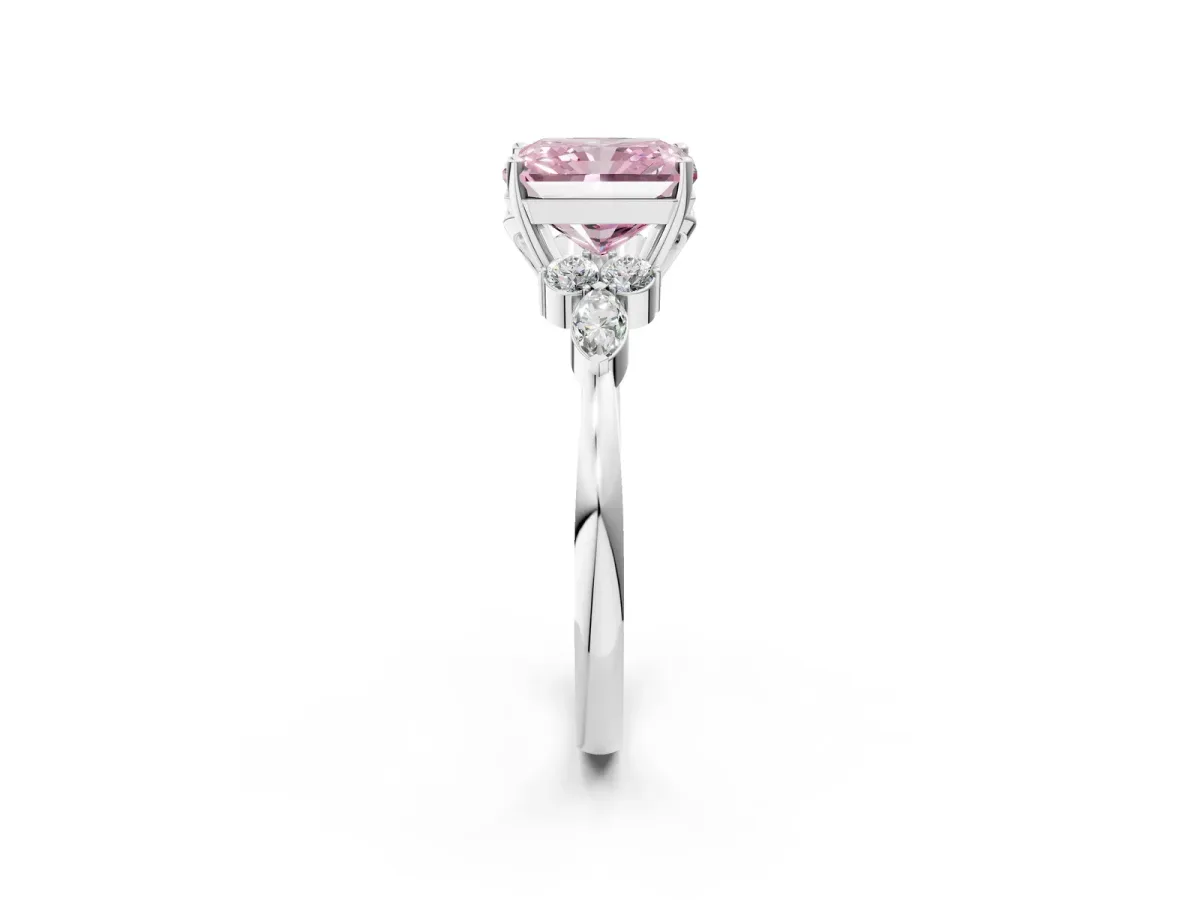 Fancy Pink Radiant Cut Brilliant Diamond Solitaire Ring with Pear Side Stones and Four-Prong Setting Platinum