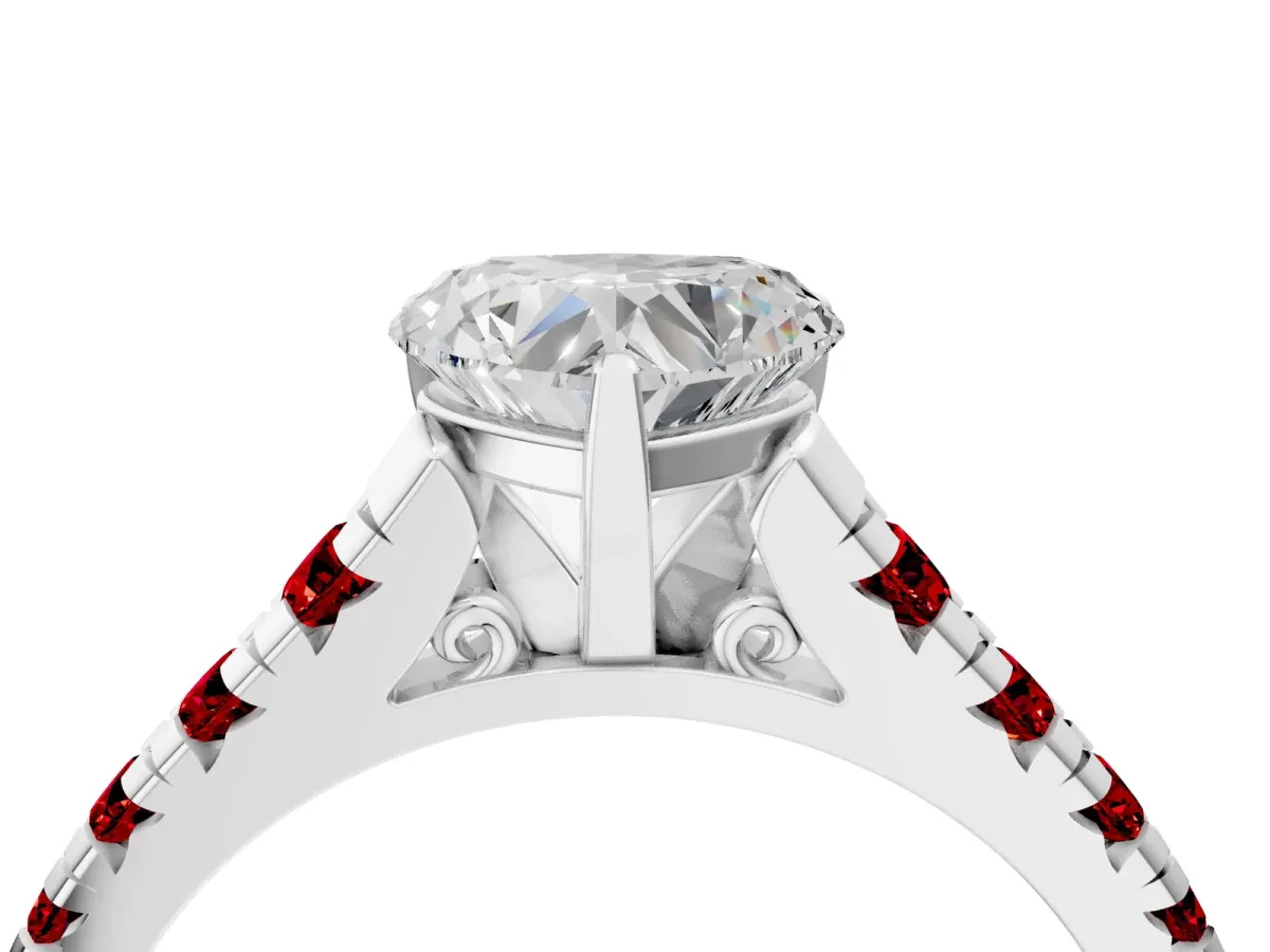 Heart Cut Diamond Cathedral Solitaire Ring with Round Ruby Pavé Band Silver