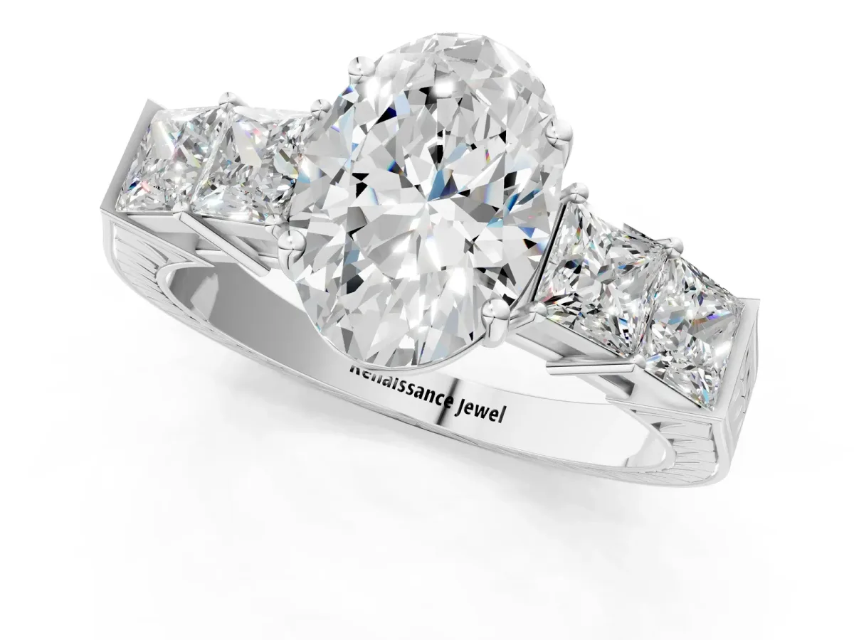 Oval Cut Solitaire Princess Side Stone Engraved Band Prong Setting Ring Platinum