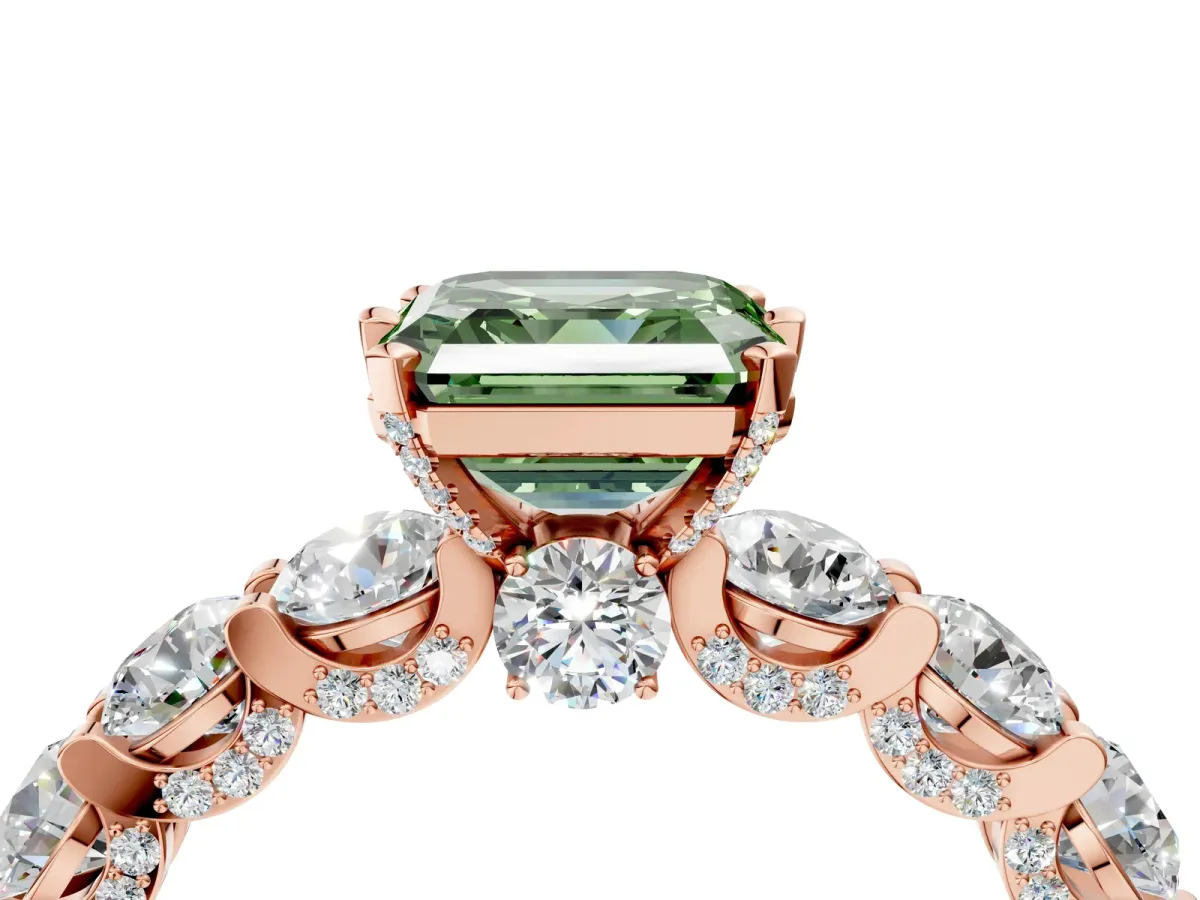 Fancy Green Asscher Cut Diamond Side Stone Engagement Ring with Four-Prong Setting Rose gold