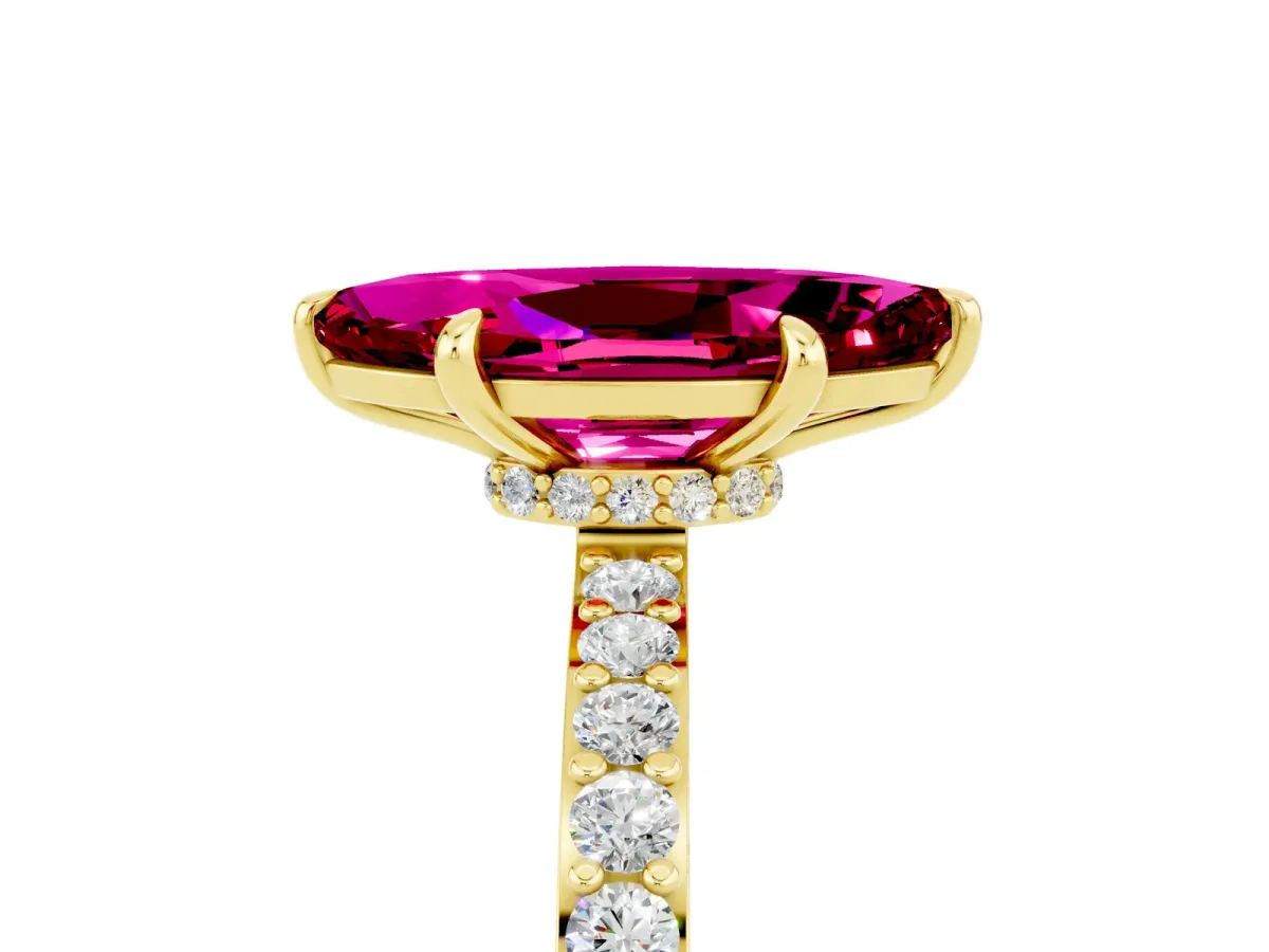 Marquise Cut Garnet Solitaire Engagement Ring with Pavé Band and Four-Prong Setting Yellow gold