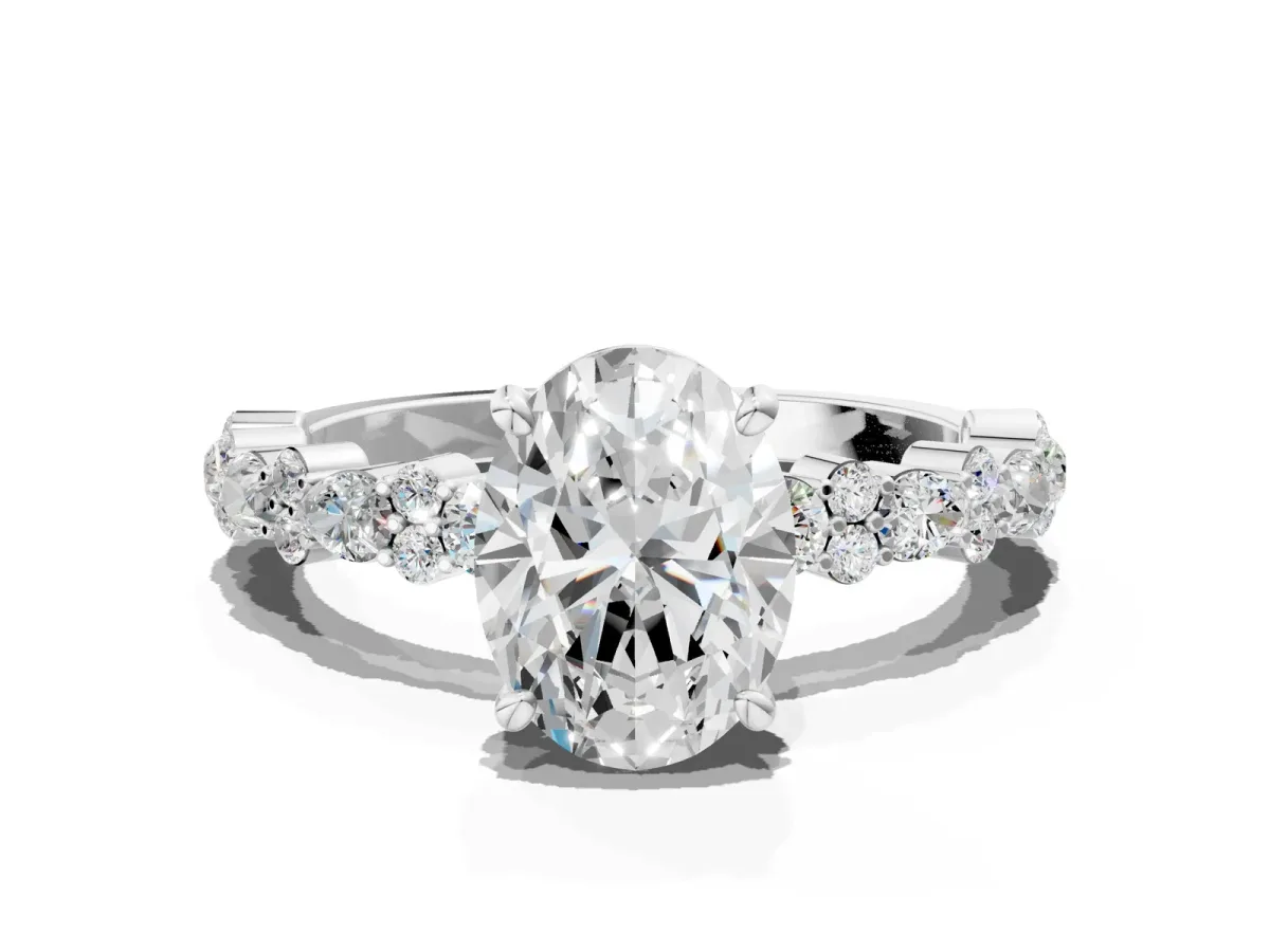 Oval Cut Diamond Side Stone Solitaire Ring with Round and Four-Prong Setting Silver