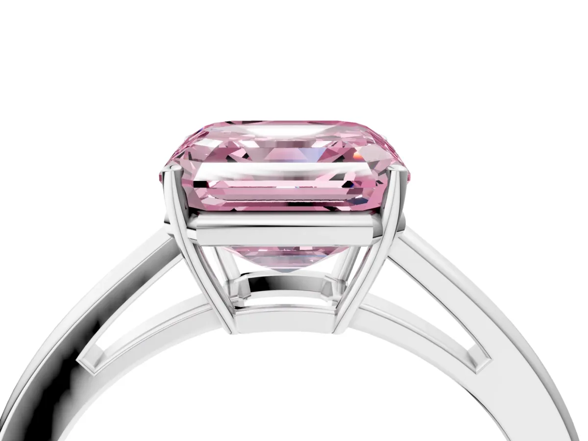 Fancy Pink Asscher Cut Solitaire Diamond Ring with Split Shank and Four-Prong Setting Platinum