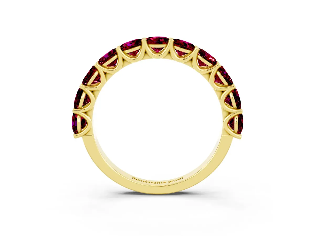 Round Garnet Shared Prong Eternity Band Yellow gold