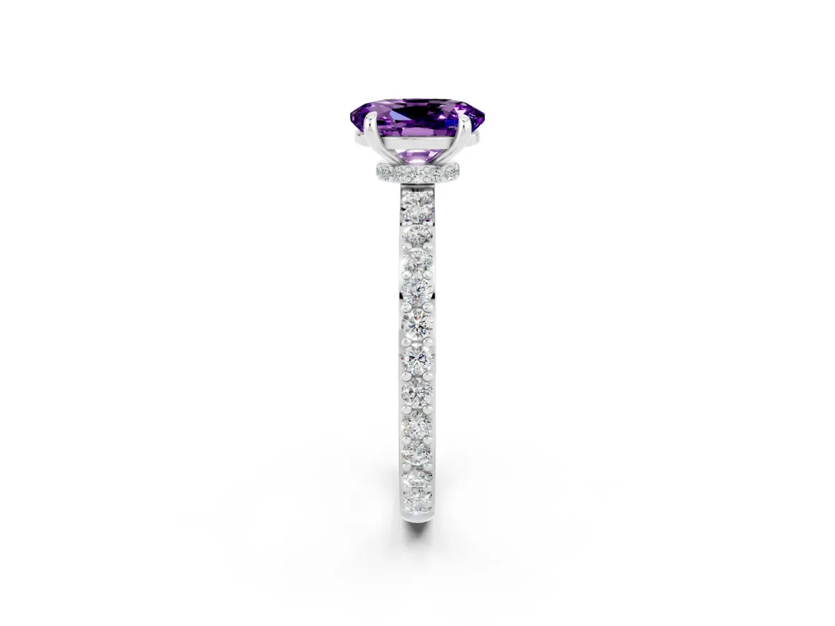 Oval Cut Amethyst Solitaire Engagement Ring with Pavé Band and Four-Prong Setting Platinum