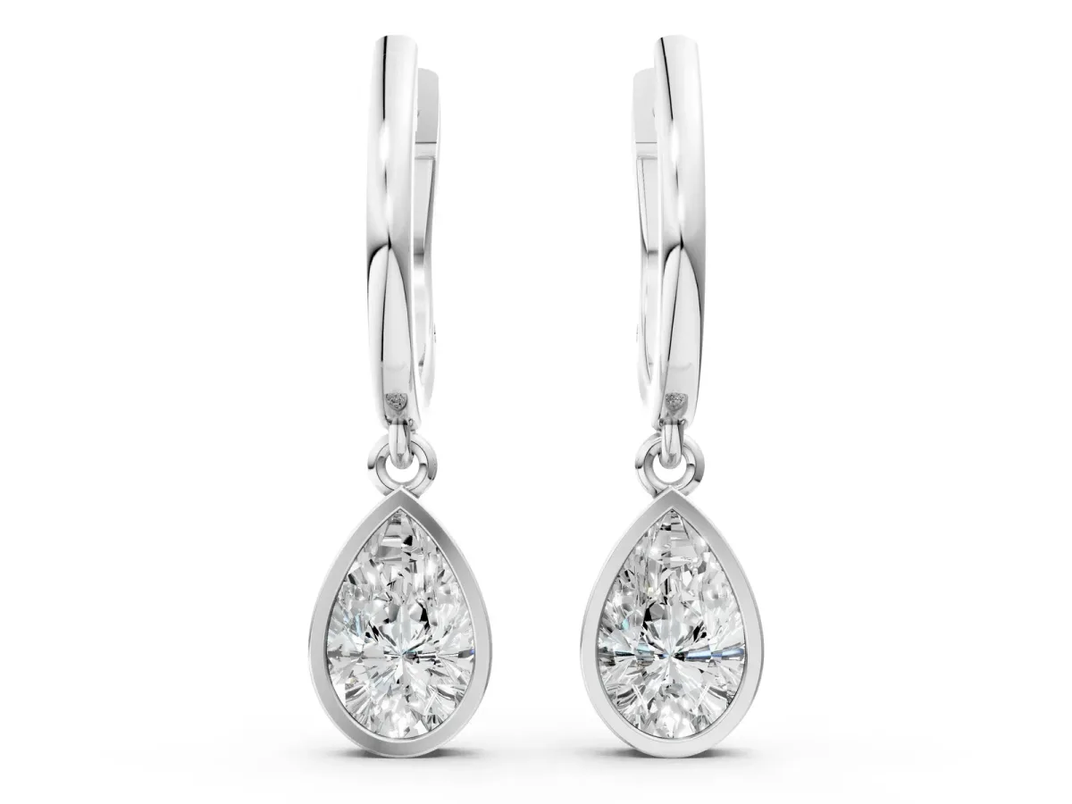 Pear Diamond Framed Huggie Drop Earrings Silver