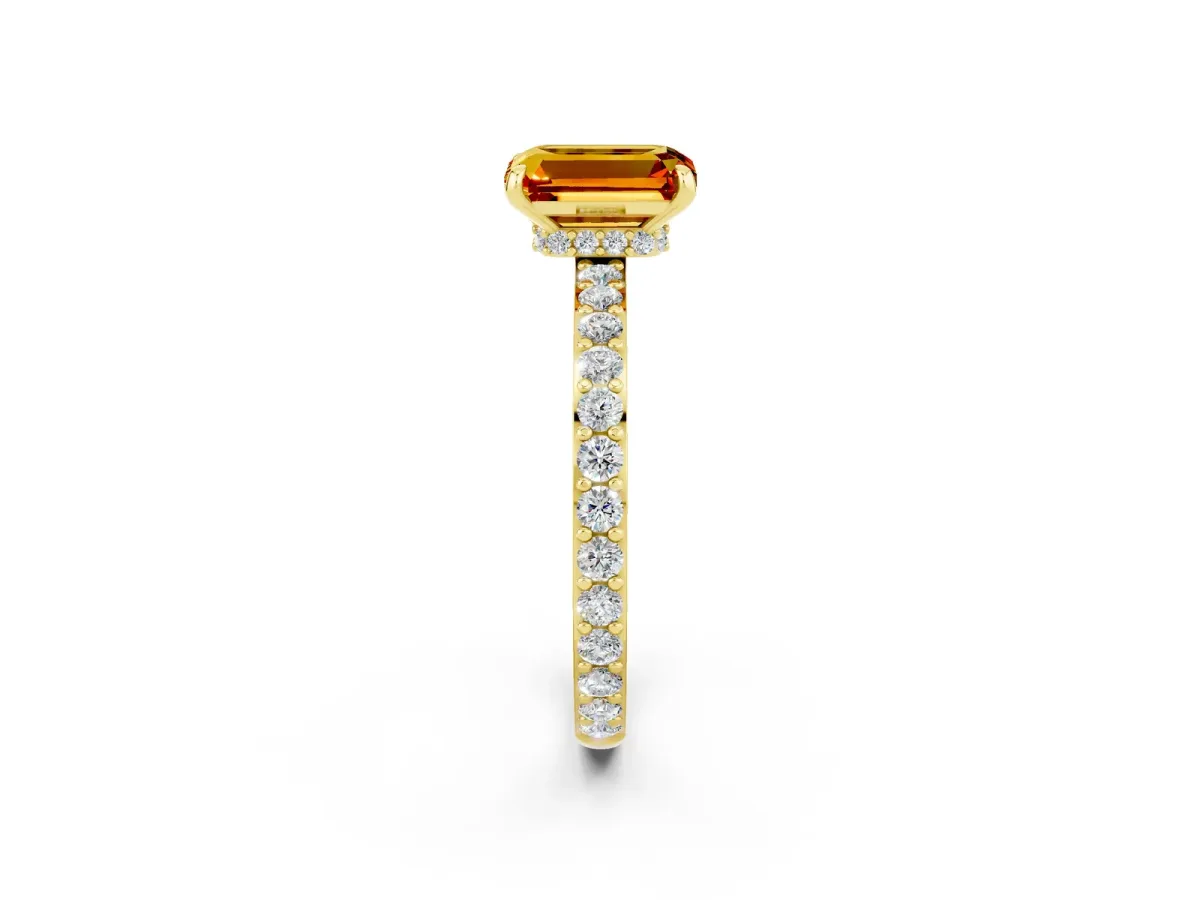 Emerald Cut Citrine Solitaire Engagement Ring with Pavé Band and Four-Prong Setting Yellow gold
