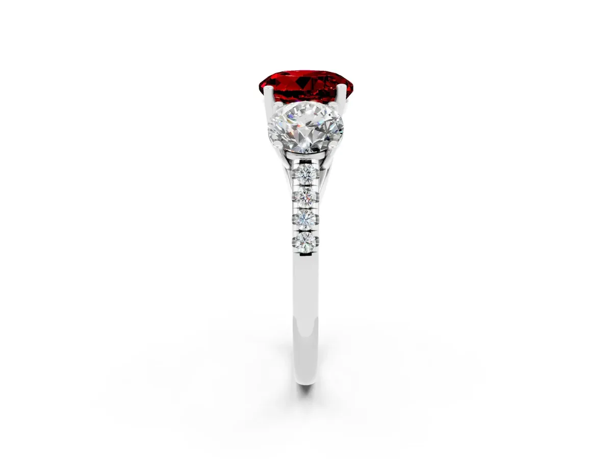 Three-Stone Round Cut Ruby Ring with Round Pavé Band and Prong Setting Silver