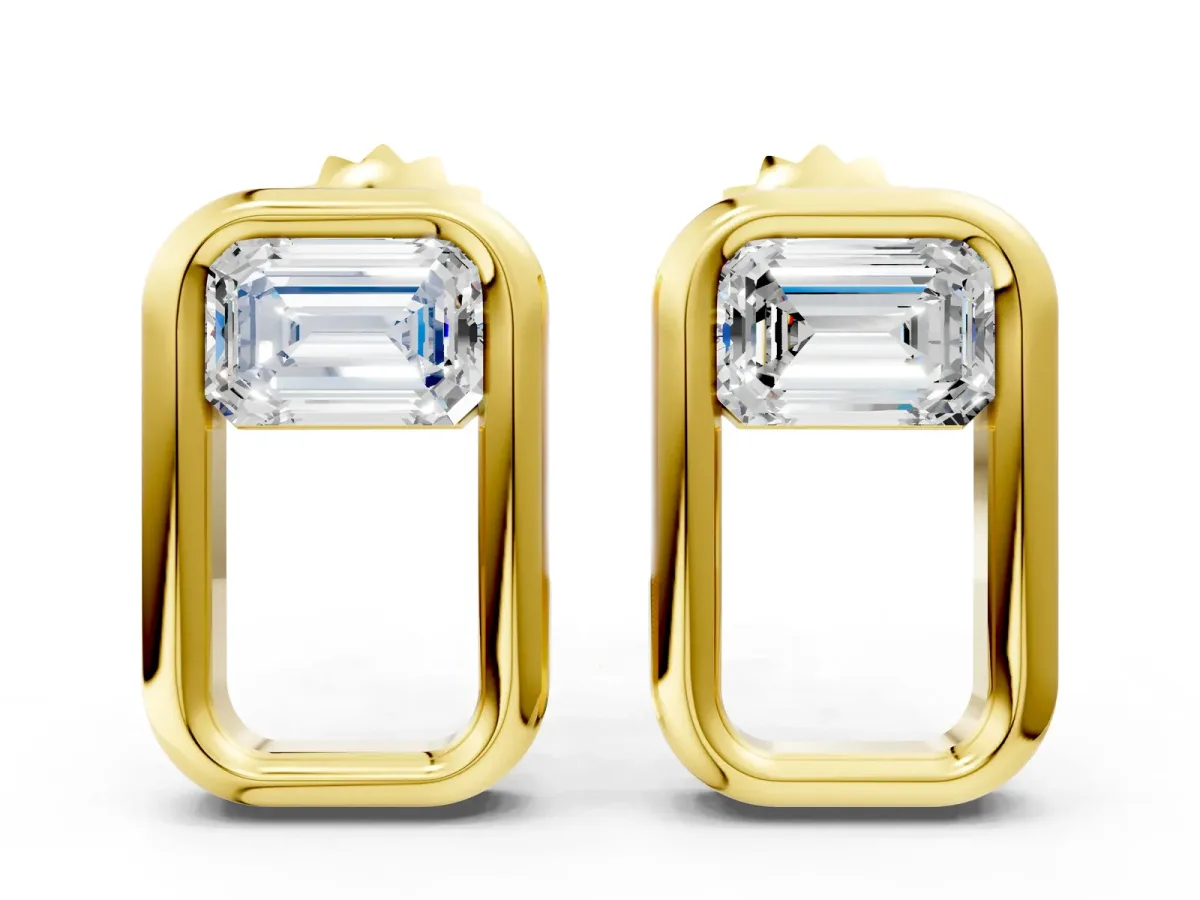 Emerald Diamond Open Frame Stud Earrings Yellow gold