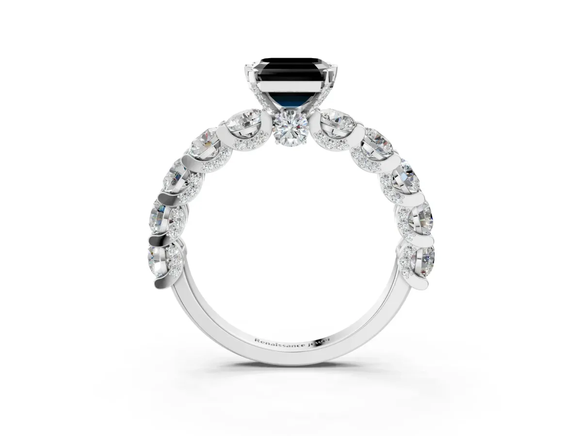 Fancy Black Asscher Cut Diamond Side Stone Engagement Ring with Four-Prong Setting Platinum