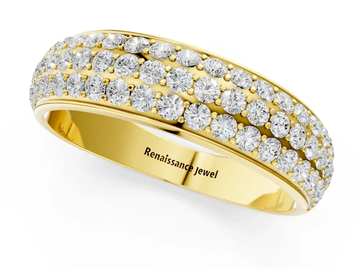 Three-Row Round Diamond Eternity Band with Shared Prong Setting Yellow gold