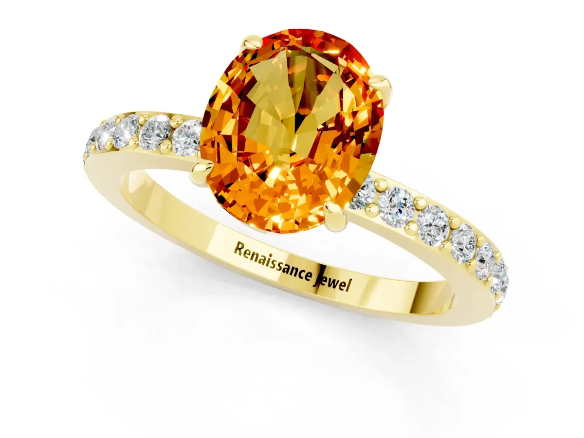 Oval Cut Citrine Solitaire Engagement Ring with Pavé Band and Four-Prong Setting Yellow gold