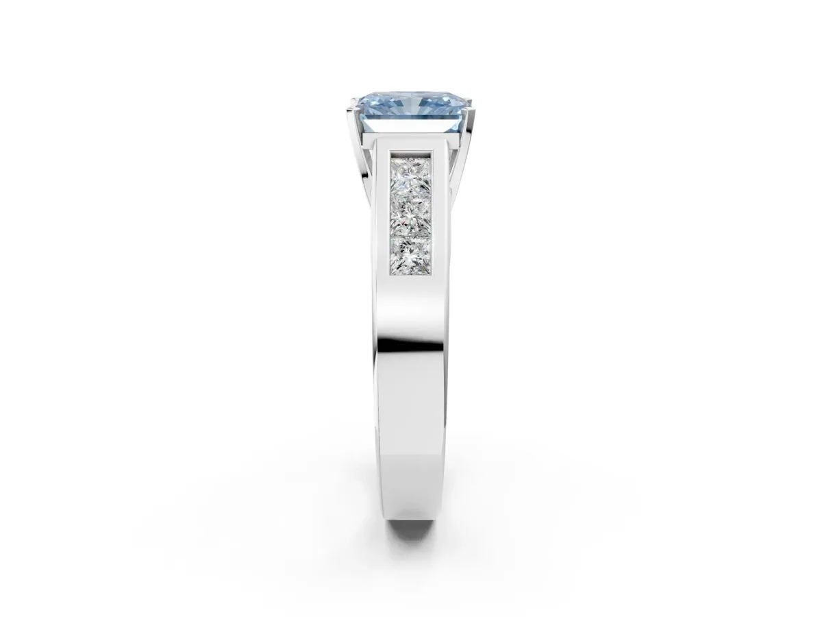 Fancy Blue Radiant Cut Cut Channel Set Solitaire Ring with Four-Prong Setting Silver