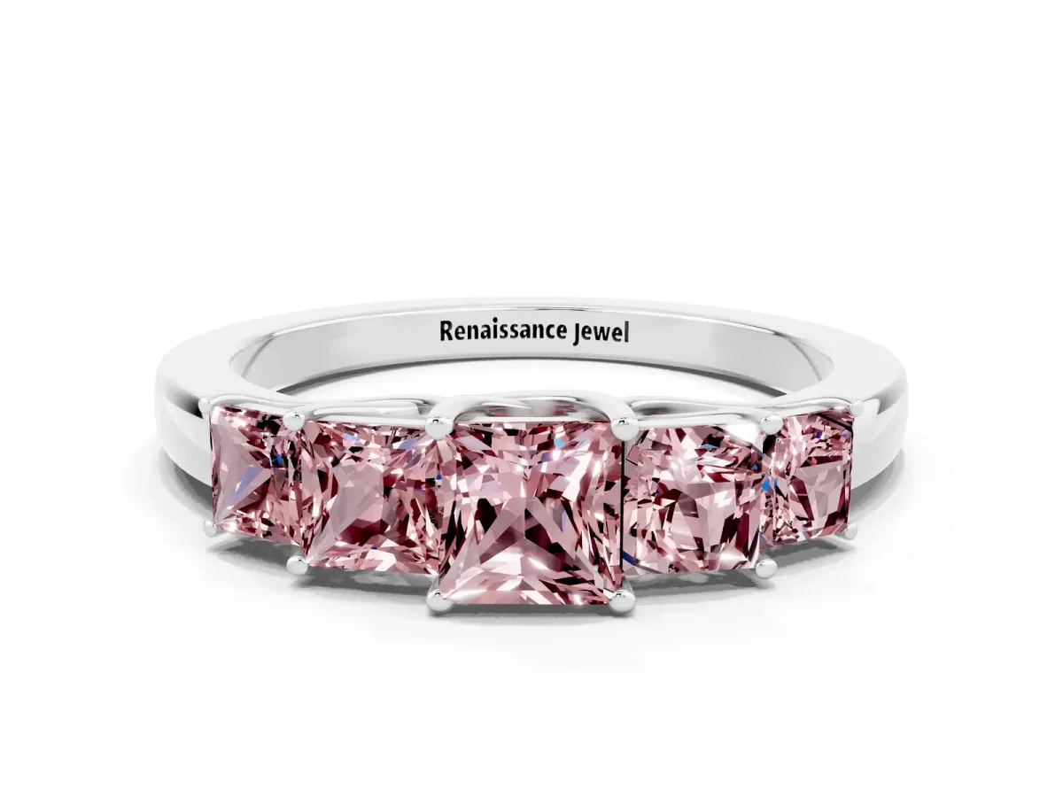 Princess Cut Five-Stone Morganite Ring with Classic Prong Setting Platinum