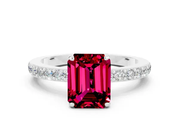 Emerald Cut Garnet Solitaire Engagement Ring with Pavé Band and Four-Prong Setting Platinum