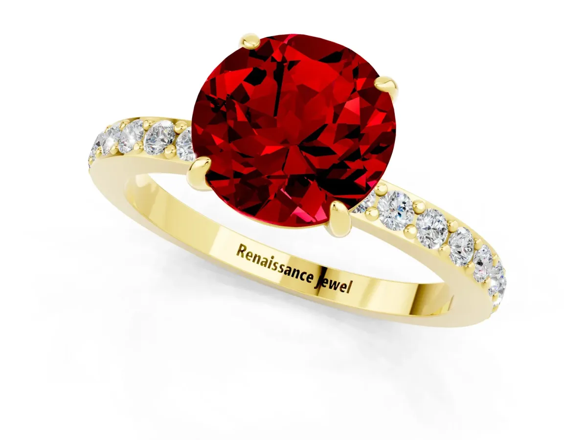 Round Cut Ruby Solitaire Engagement Ring with Pavé Band and Four-Prong Setting Yellow gold