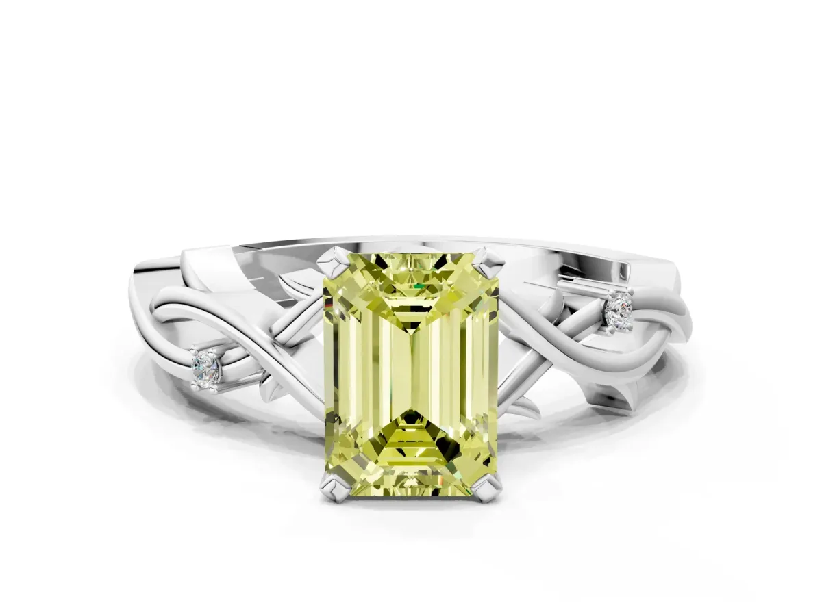 Fancy Yellow Emerald Cut Diamond Solitaire Ring with Twisted Band and Prong Setting Silver