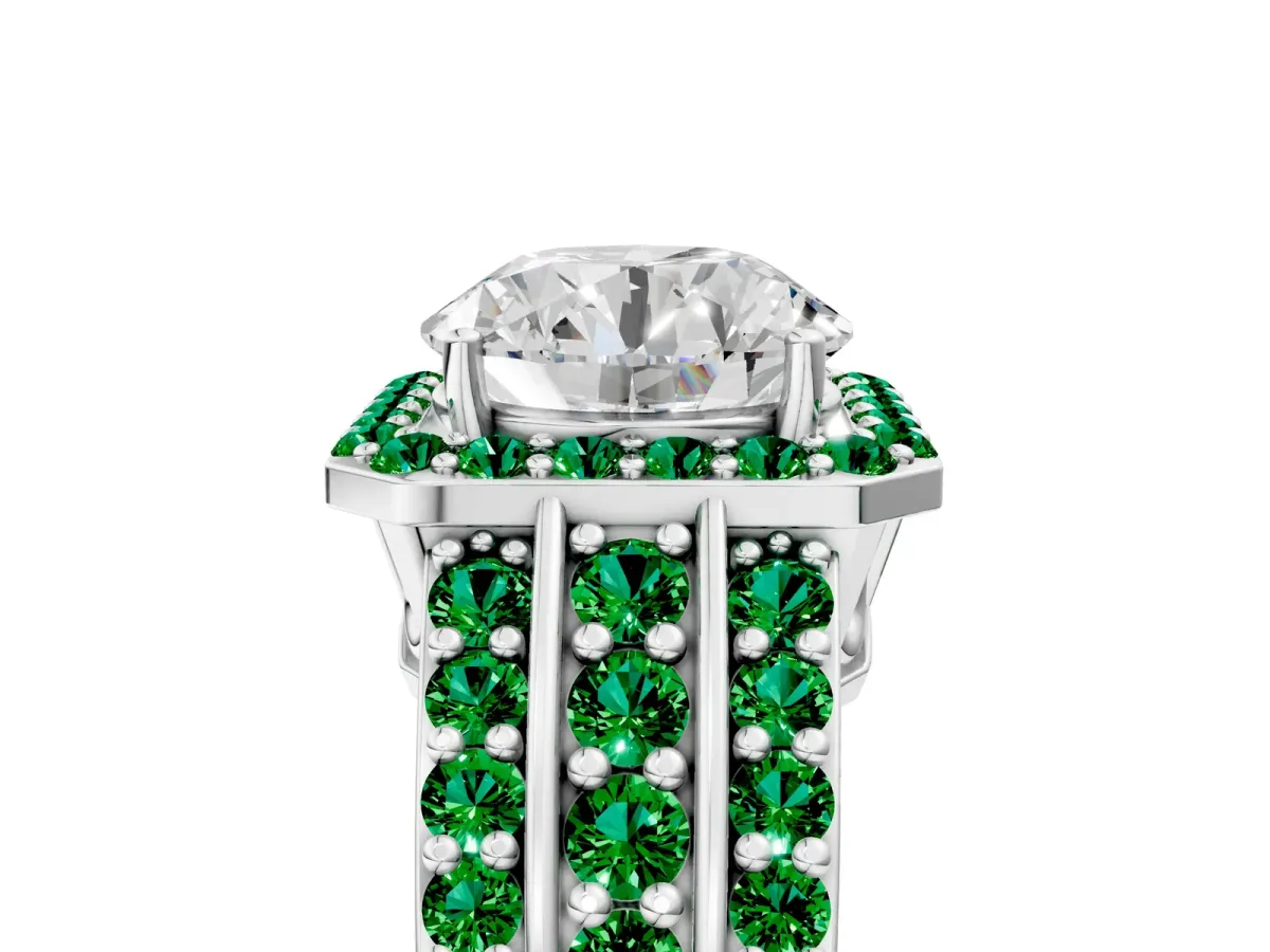 Round Cut Halo Diamond Ring with Round Emerald Split Shank and Prong Setting Silver