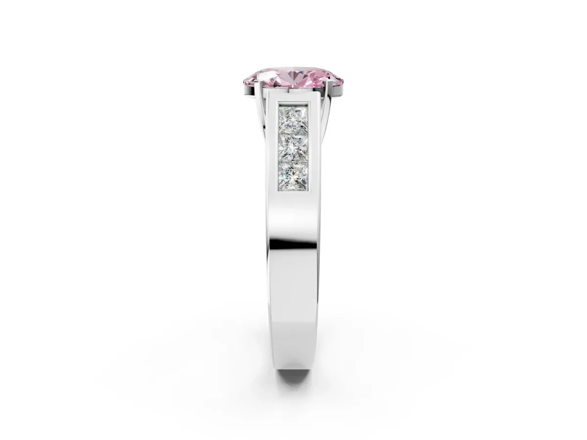 Fancy Pink Oval Cut Cut Channel Set Solitaire Ring with Four-Prong Setting Silver