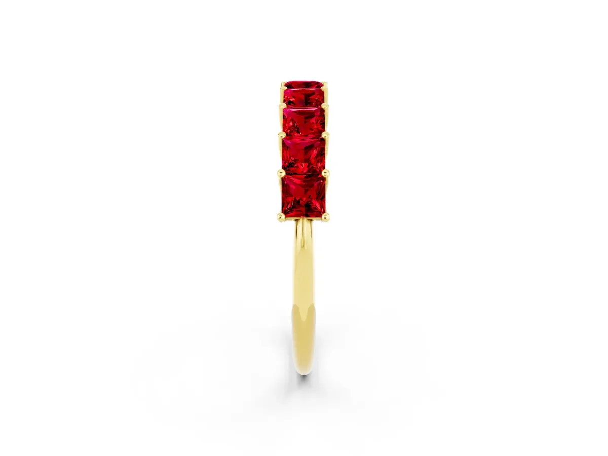 Princess Cut Ruby Channel-Set Eternity Band with Prong Setting Yellow gold