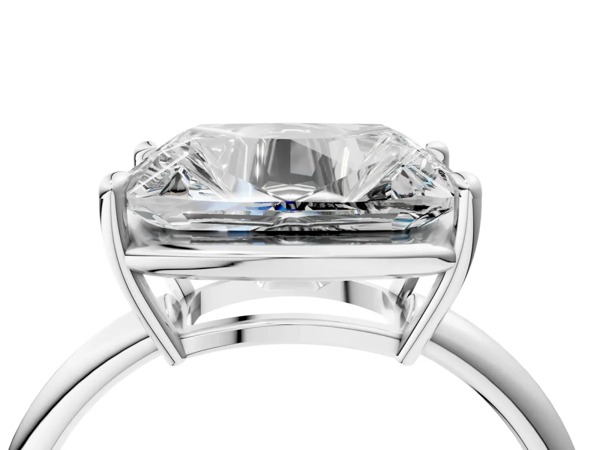 Old Mine Elongated Cushion Diamond East-West Bezel Set Four Claw Solitaire Ring White gold