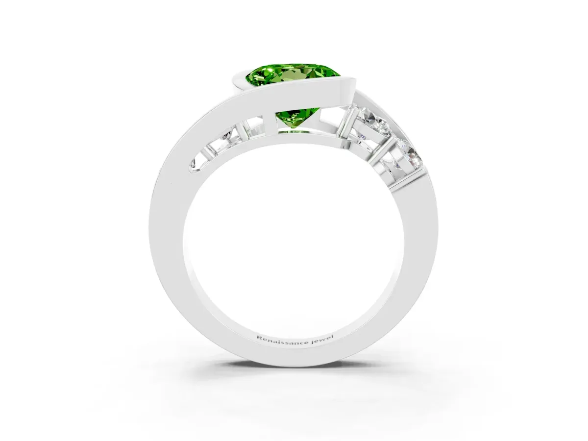 Bezel Set Round Cut Peridot Bypass Ring with Round Accents Silver
