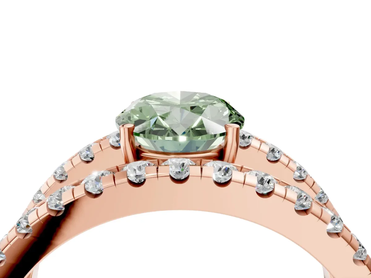 Fancy Green Oval Cut Solitaire Split Shank Pave Diamond Ring Rose gold