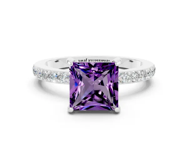 Princess Cut Amethyst Solitaire Engagement Ring with Pavé Band and Four-Prong Setting Platinum