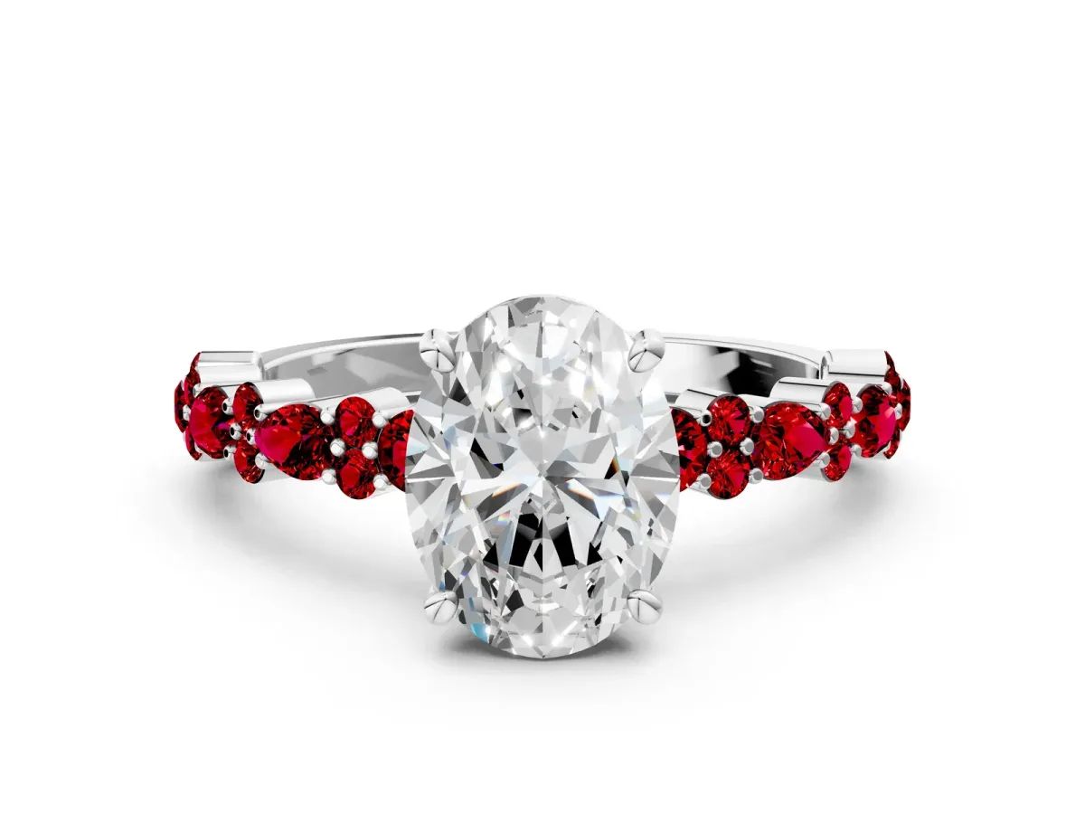 Oval Cut Diamond Side Stone Solitaire Ring with Round Ruby and Four-Prong Setting White gold