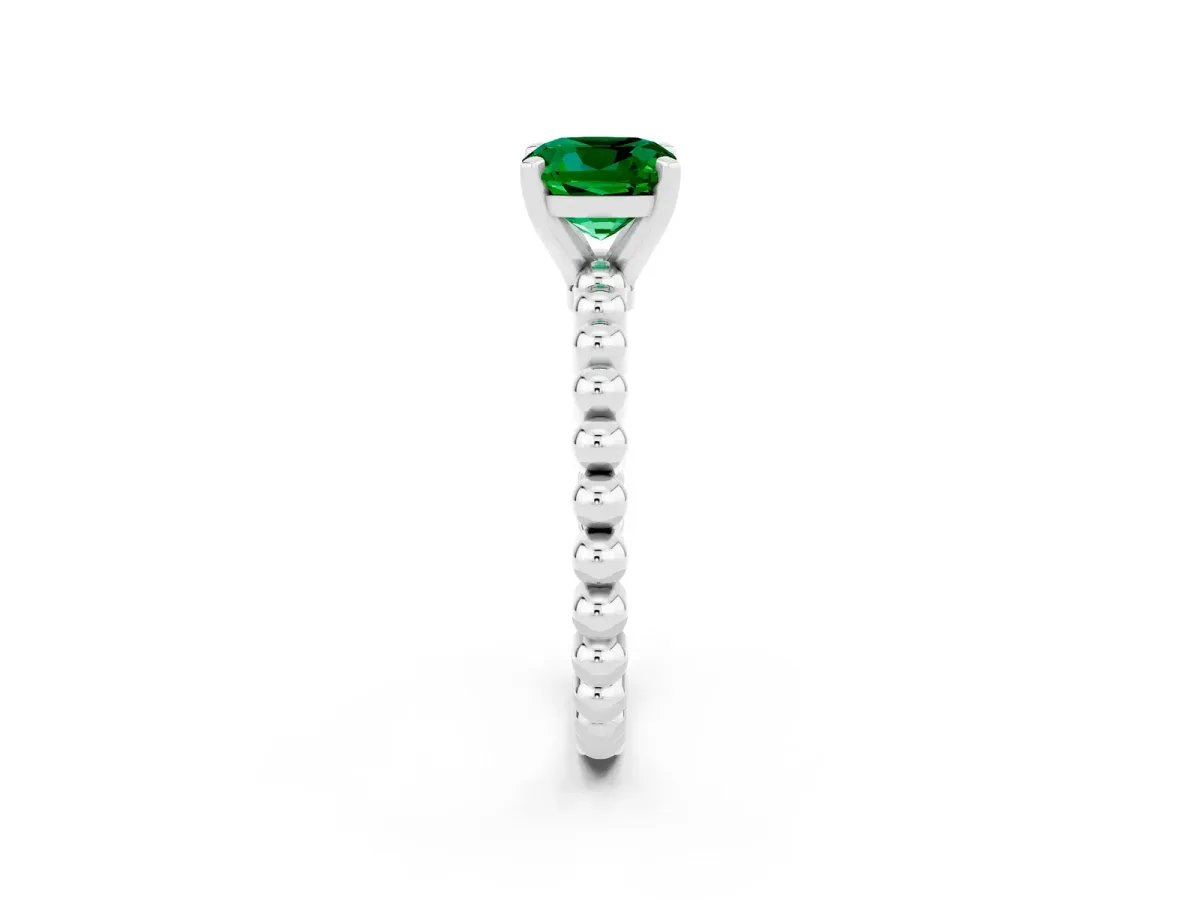 Cushion Cut Emerald Solitaire Ring with Beaded Band and Prong Setting Silver