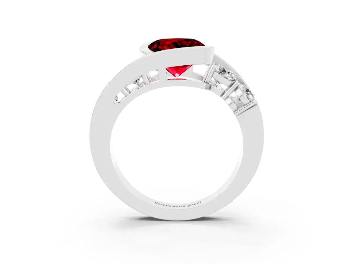Bezel Set Round Cut Ruby Bypass Ring with Round Accents Platinum