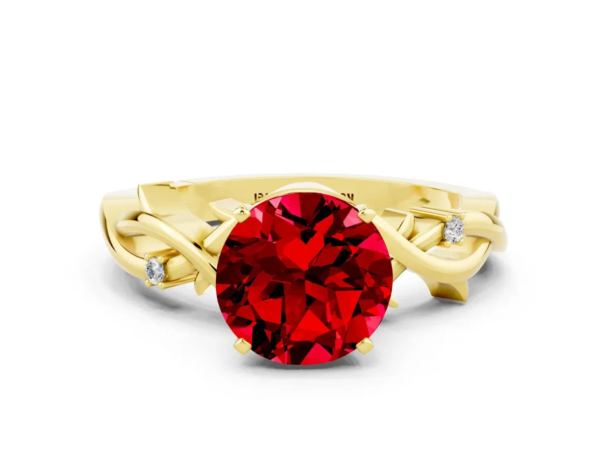 Round Cut Ruby Solitaire Ring with Twisted Band and Prong Setting Yellow gold