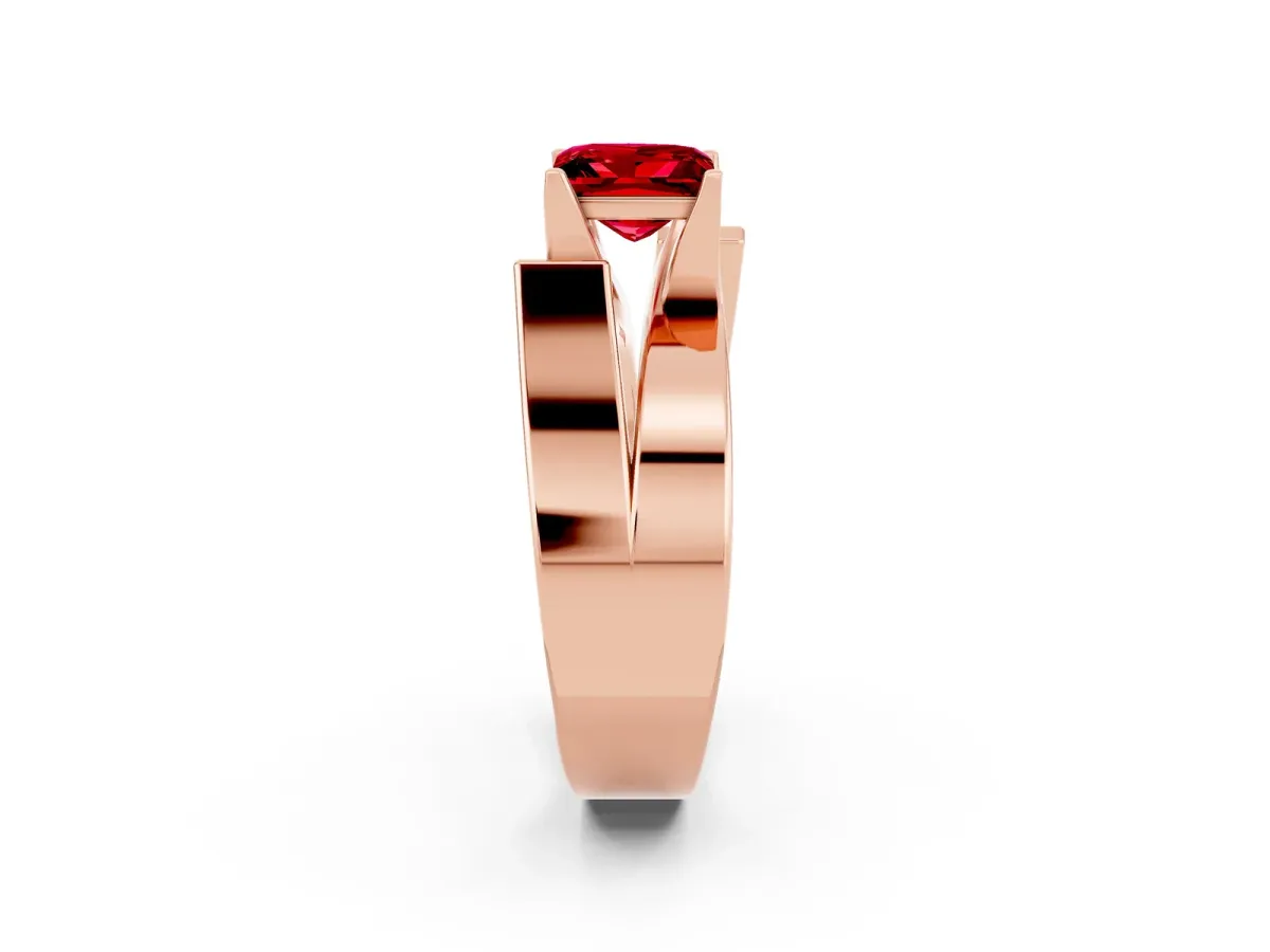 Modern Tension Set Princess Cut Ruby Solitaire Wide Band Ring Rose gold