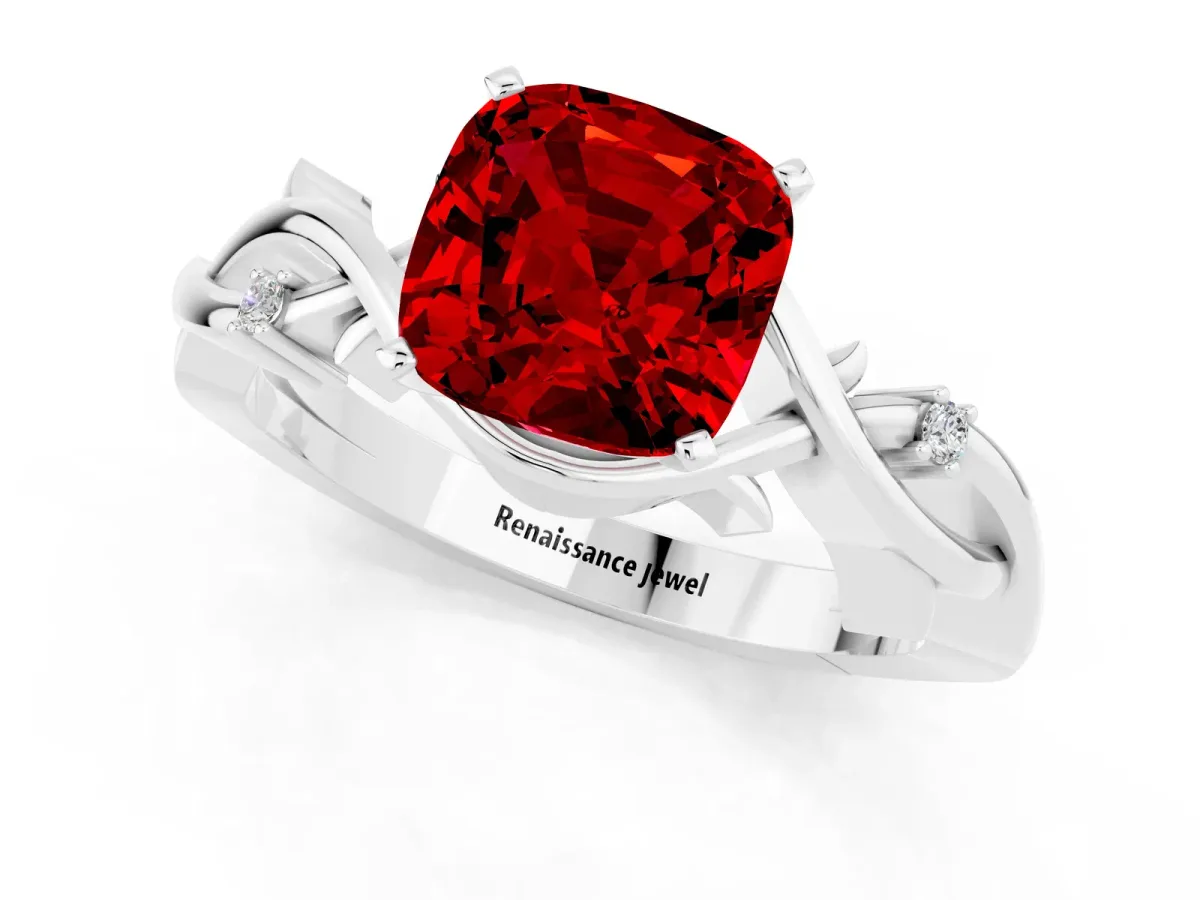 Cushion Cut Ruby Solitaire Ring with Twisted Band and Prong Setting Silver