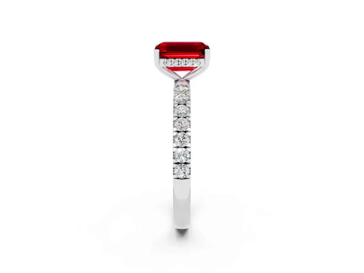 Emerald Cut Ruby Pave Band Solitaire Ring with Round and Prong Setting Platinum